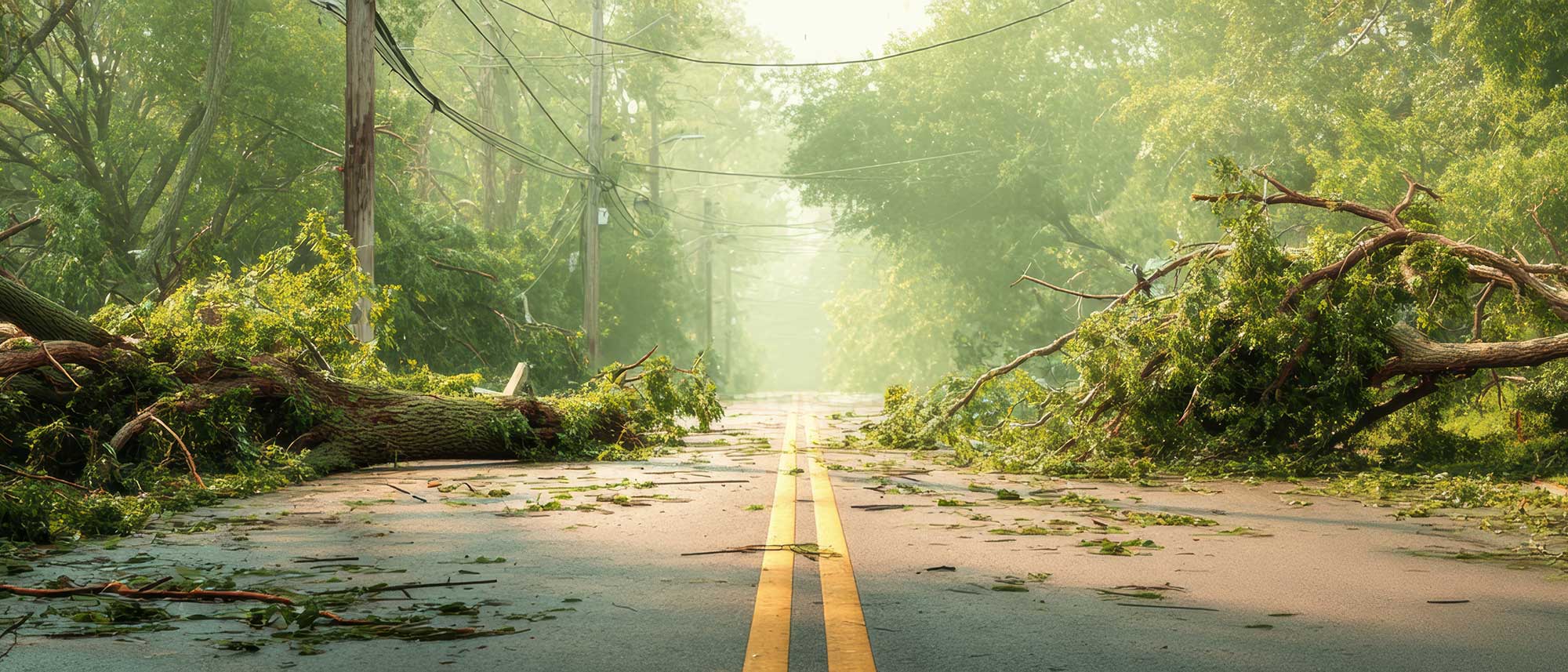 Storm Damage on Road with Fallen Trees and Downed Power Lines Blocking Passage
